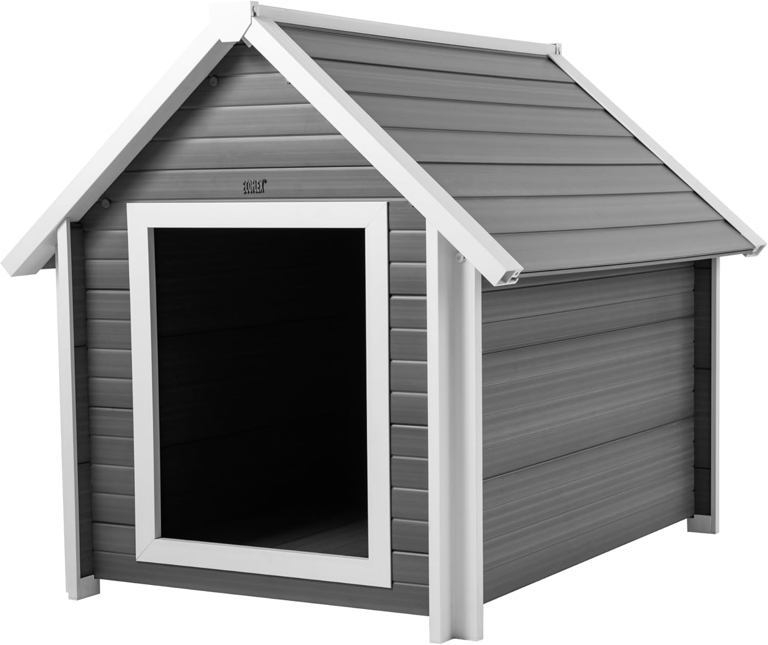 New Age Pet ECOFLEX dog house in grey with white trim and lift-off peaked roof