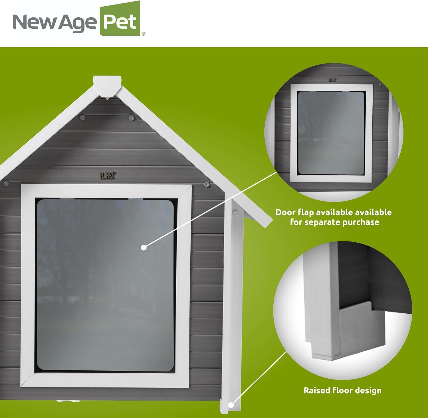 New Age Pet ECOFLEX dog house door opening and raised floor design detail