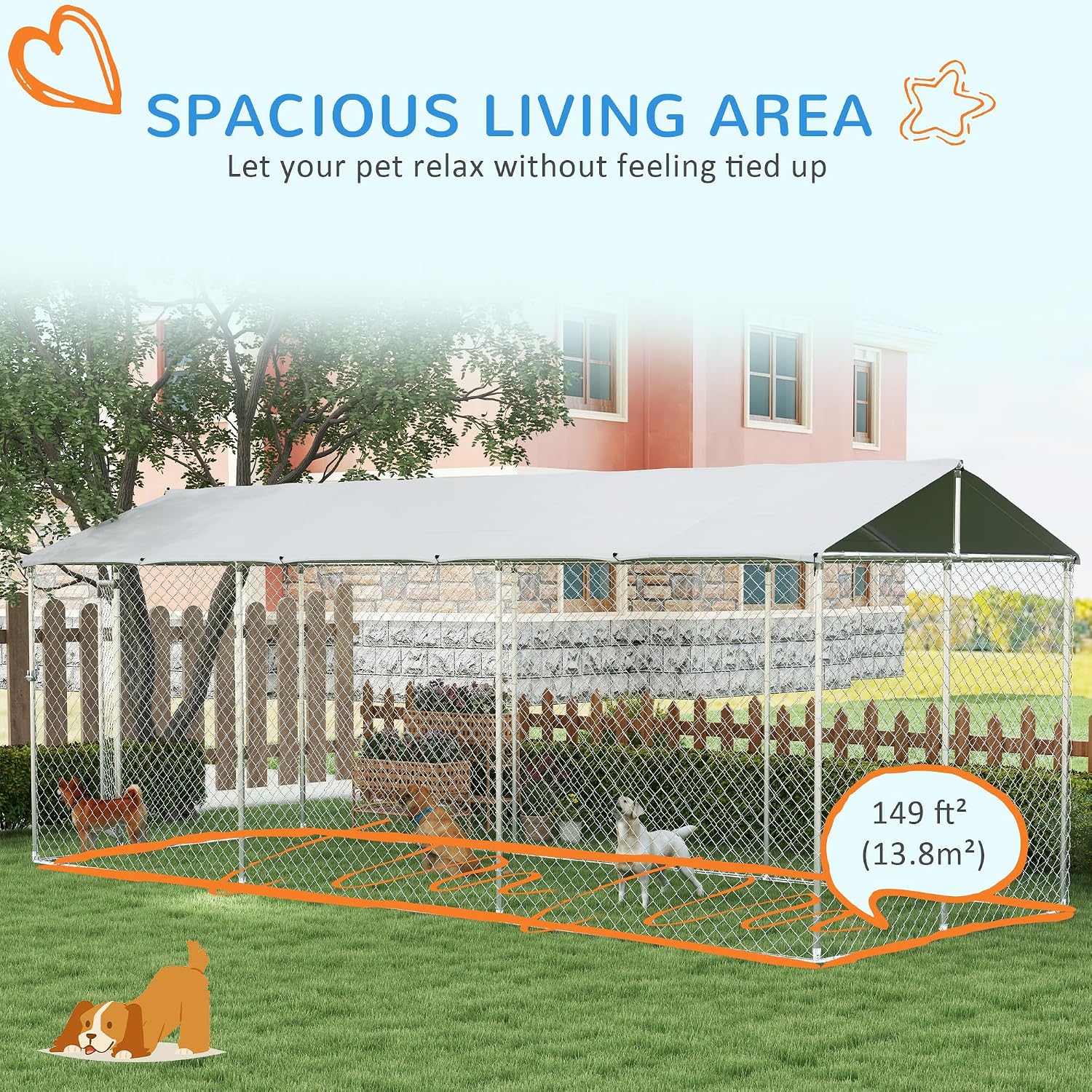 PawHut 149 sq ft walk-in dog kennel set up in a backyard with the roof cover fitted