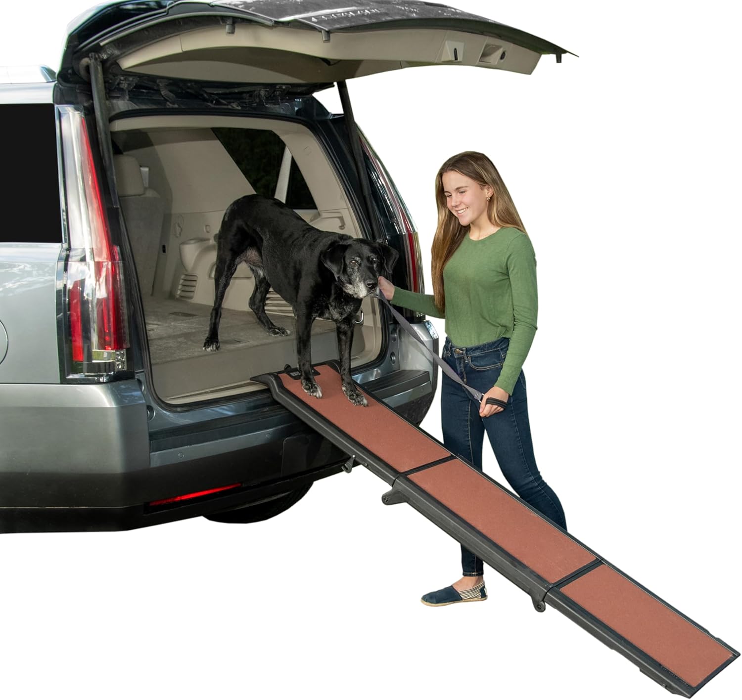 Pet Gear Travel Lite tri-fold dog ramp with carpeted non-slip surface folded compactly for storage