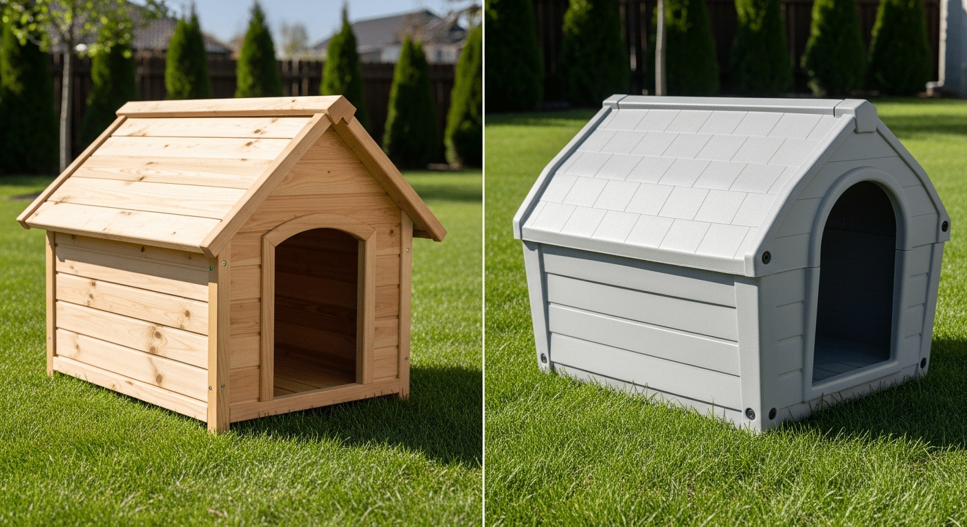 Plastic vs wood dog house — a wooden dog house beside a grey plastic dog house on a lawn