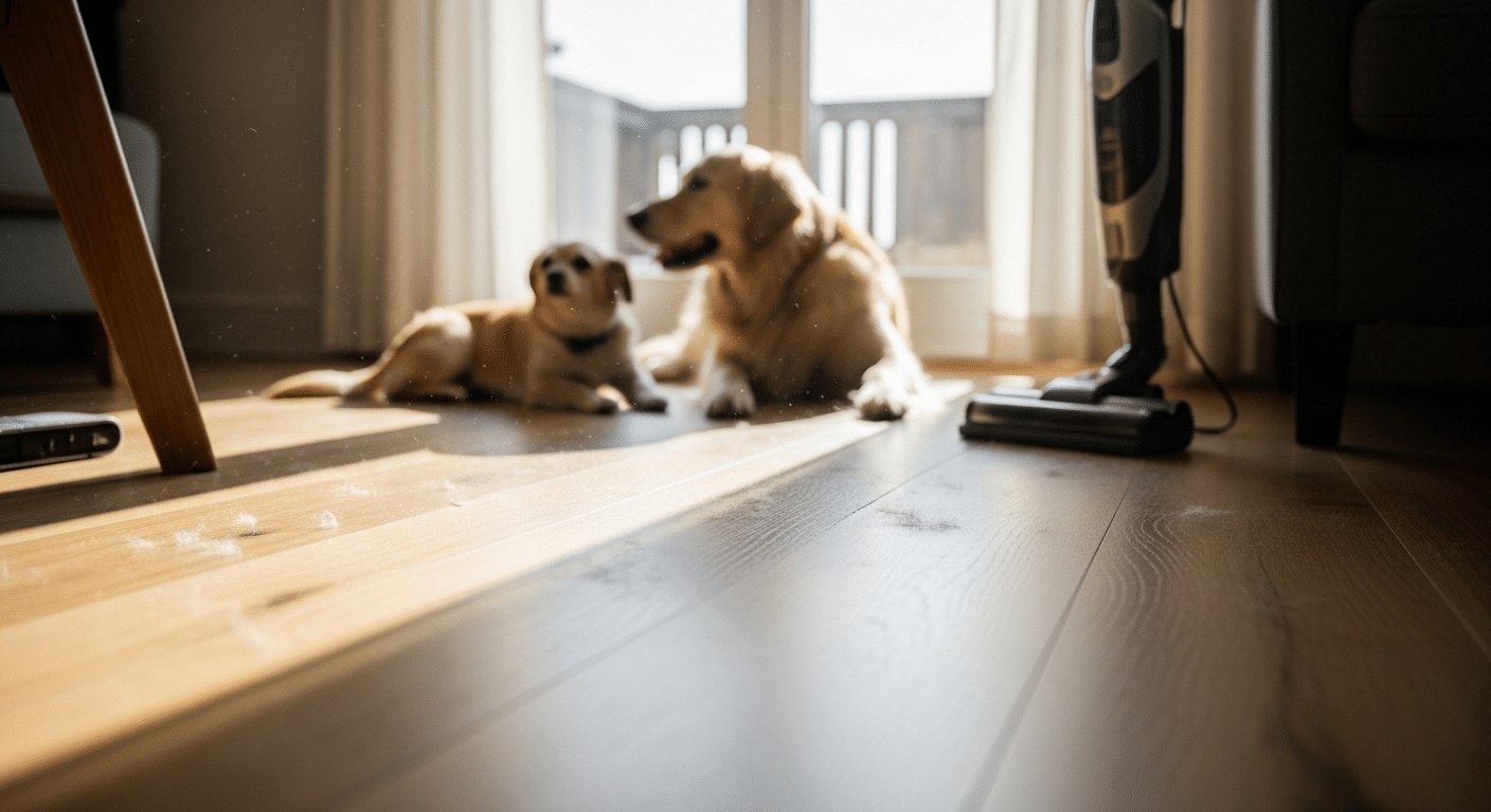 Two dogs on light hardwood floors with a cordless stick vacuum nearby and pet hair catching the light