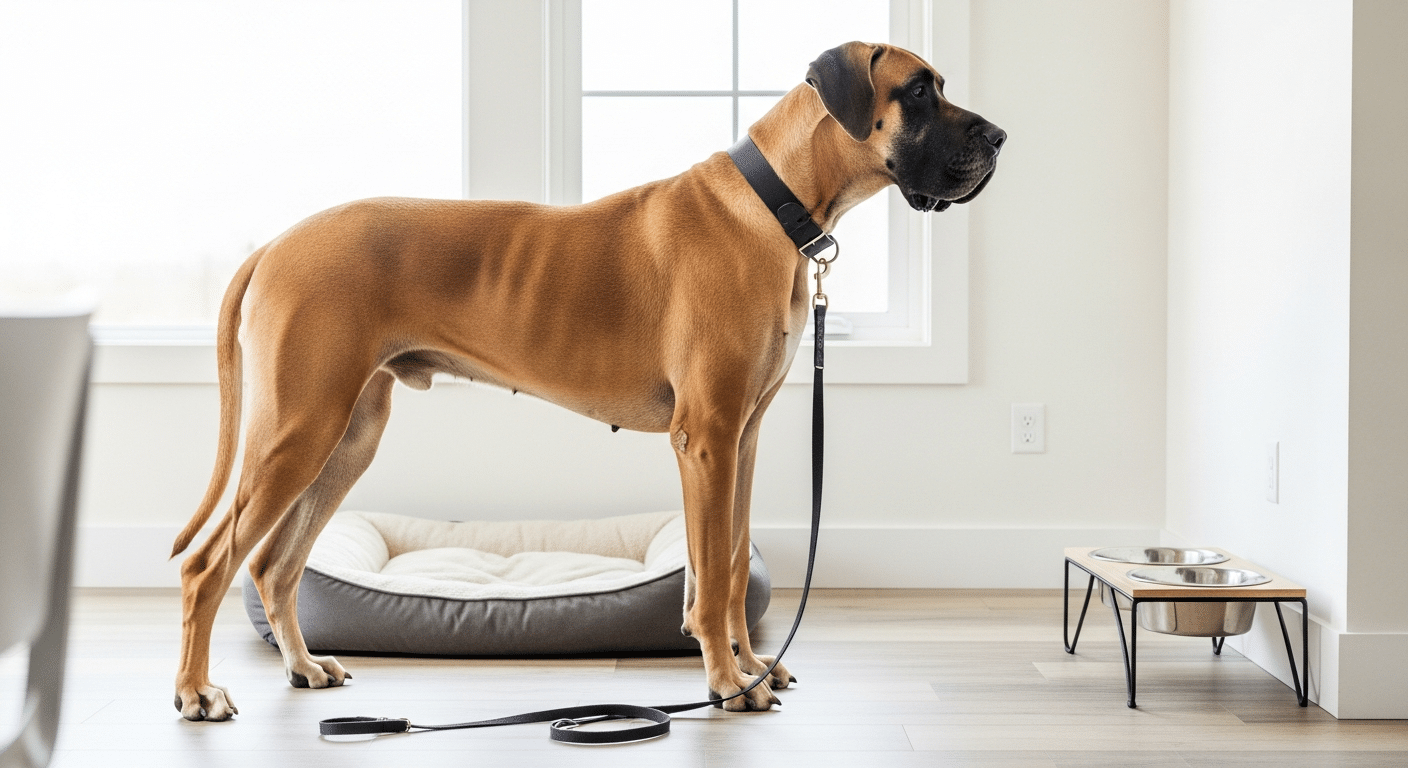 Adult fawn Great Dane at home with collar, leash, large bed and an elevated feeder — essential Great Dane supplies and gear guide