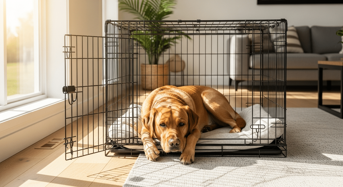 Calm adult dog resting comfortably in an open crate at home — how long can a dog stay in a crate