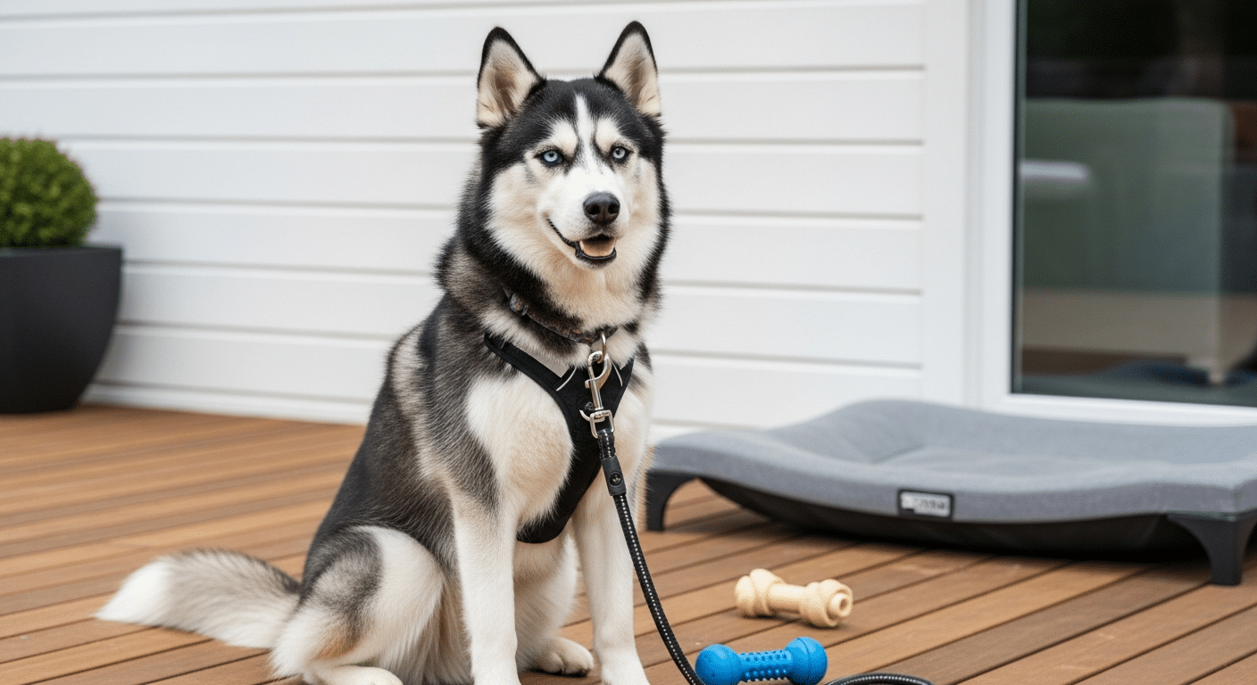 Adult Siberian Husky at home wearing a harness with a leash, a chew toy and a cooling dog bed nearby — essential Husky supplies and gear guide
