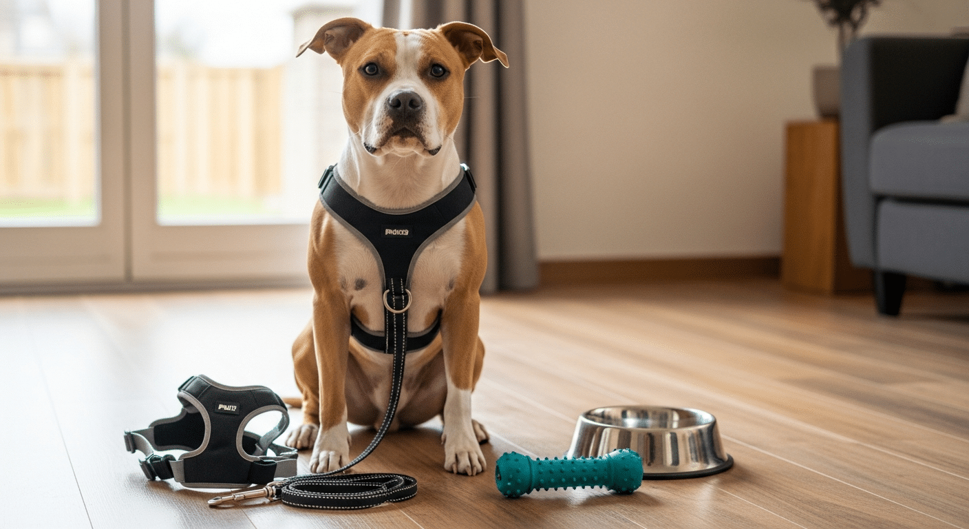 Adult Pit Bull at home with harness, leash and chew toy — essential Pit Bull supplies and gear guide