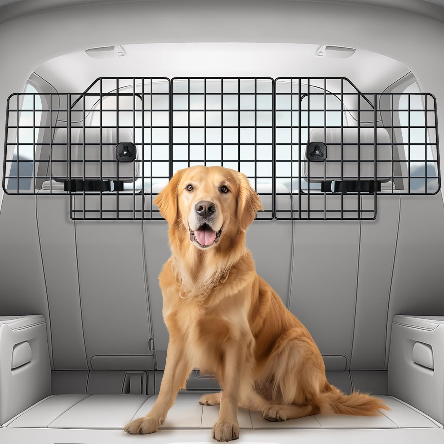 rabbitgoo heavy-duty wire-mesh dog car barrier for SUVs with triple-folding panels installed behind the back seats