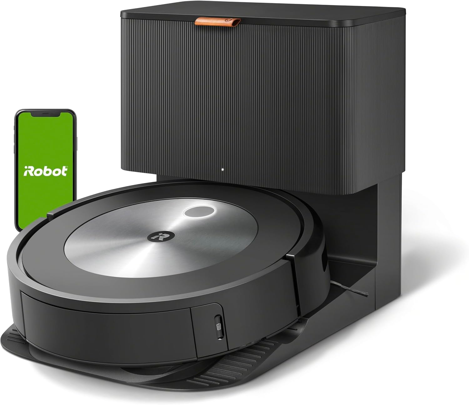 iRobot Roomba j7+ self-emptying robot vacuum on its Clean Base dock with the iRobot app, ideal for pet hair