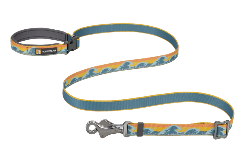 Ruffwear Crag EX Adjustable Dog Leash in Rising Wave blue — adjustable hands-free leash for hiking, with slide-lock length adjuster and waist loop