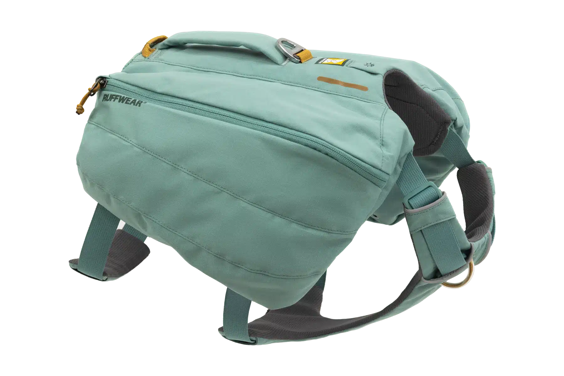 Ruffwear Front Range Day Pack dog saddlebag in river rock green, front-facing view showing radial-cut bags