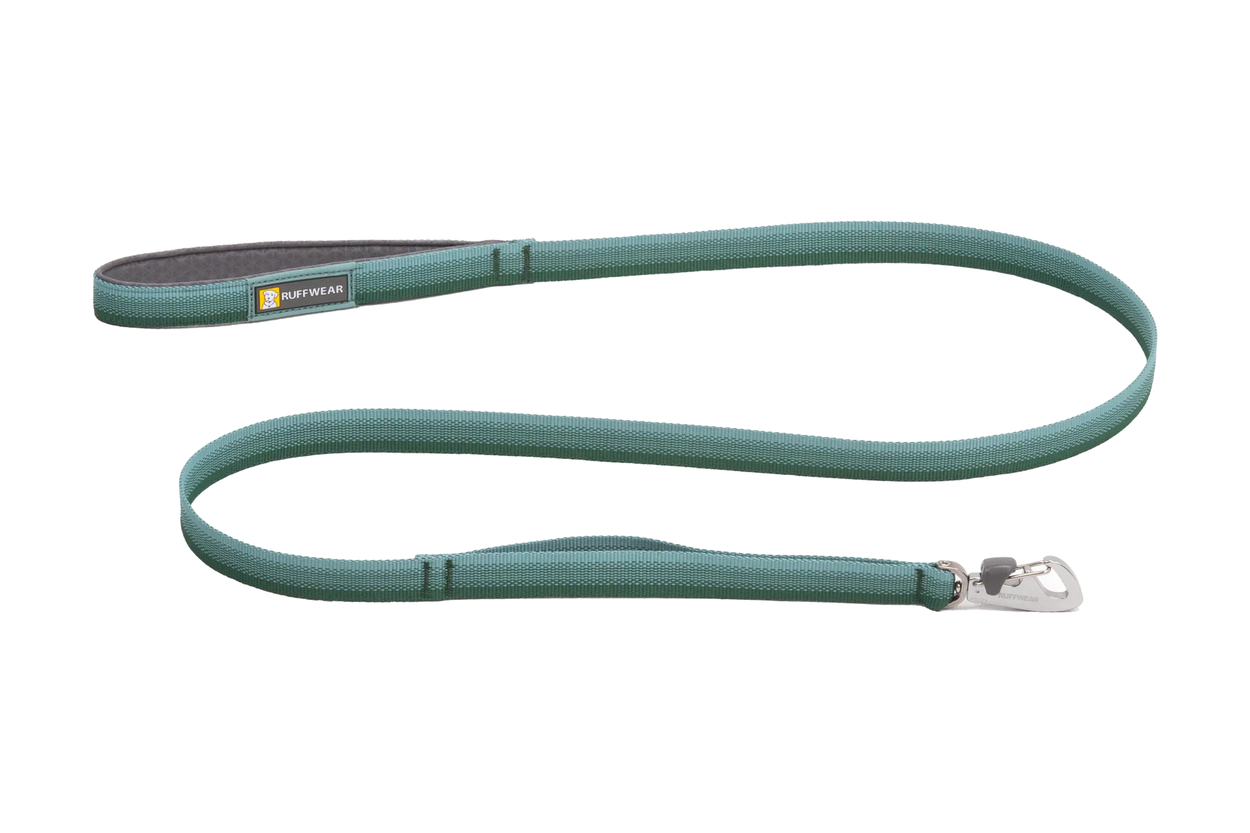 Ruffwear Front Range Dog Leash in River Rock Green with padded EVA handle, V-ring for waste bags and Talon clip