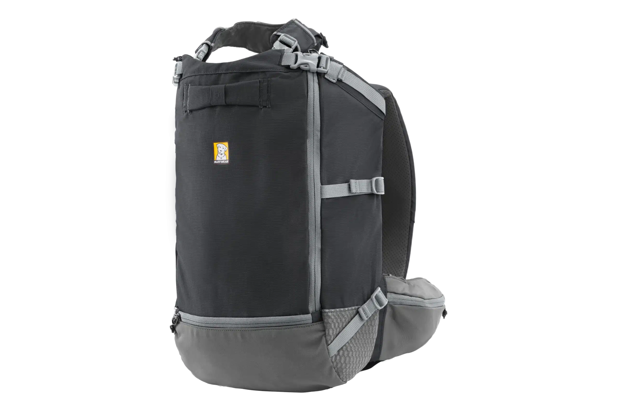 Ruffwear Hitch Hiker dog backpack carrier in basalt gray with dual locking top-load zippers open