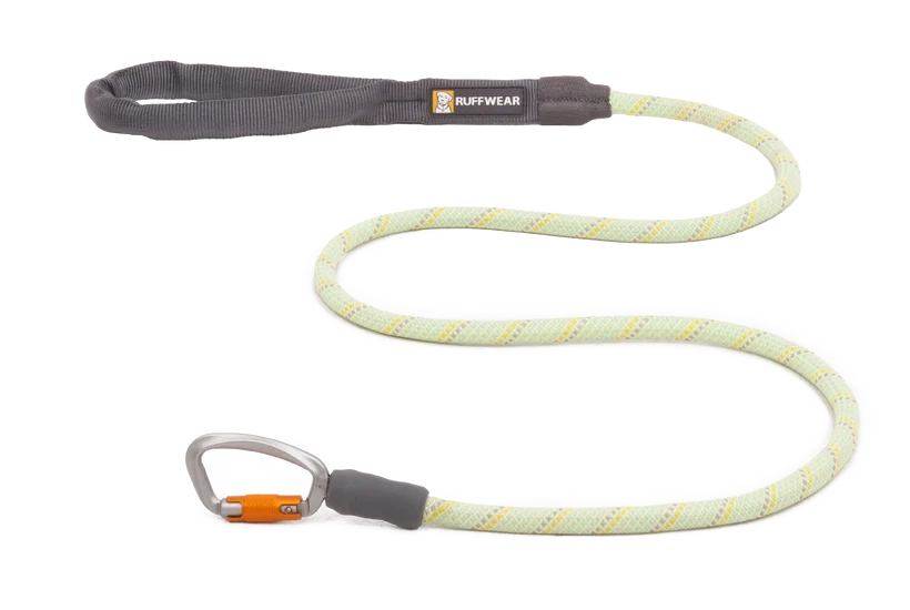 Ruffwear Knot-a-Leash rope dog leash in Moss Green showing kernmantle climbing-rope construction and swiveling carabiner clip