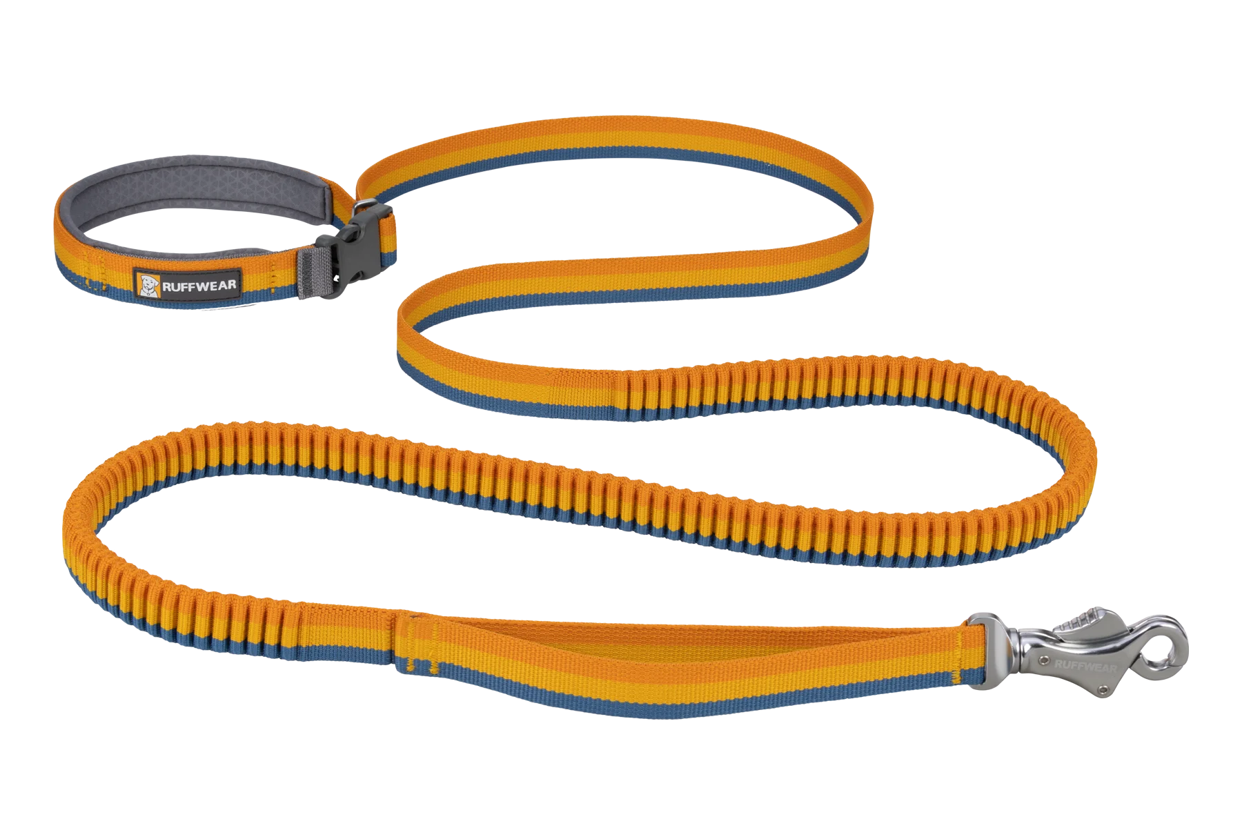 Ruffwear Roamer Bungee Dog Leash in yellow showing bungee section, Talon clip and waist belt loop