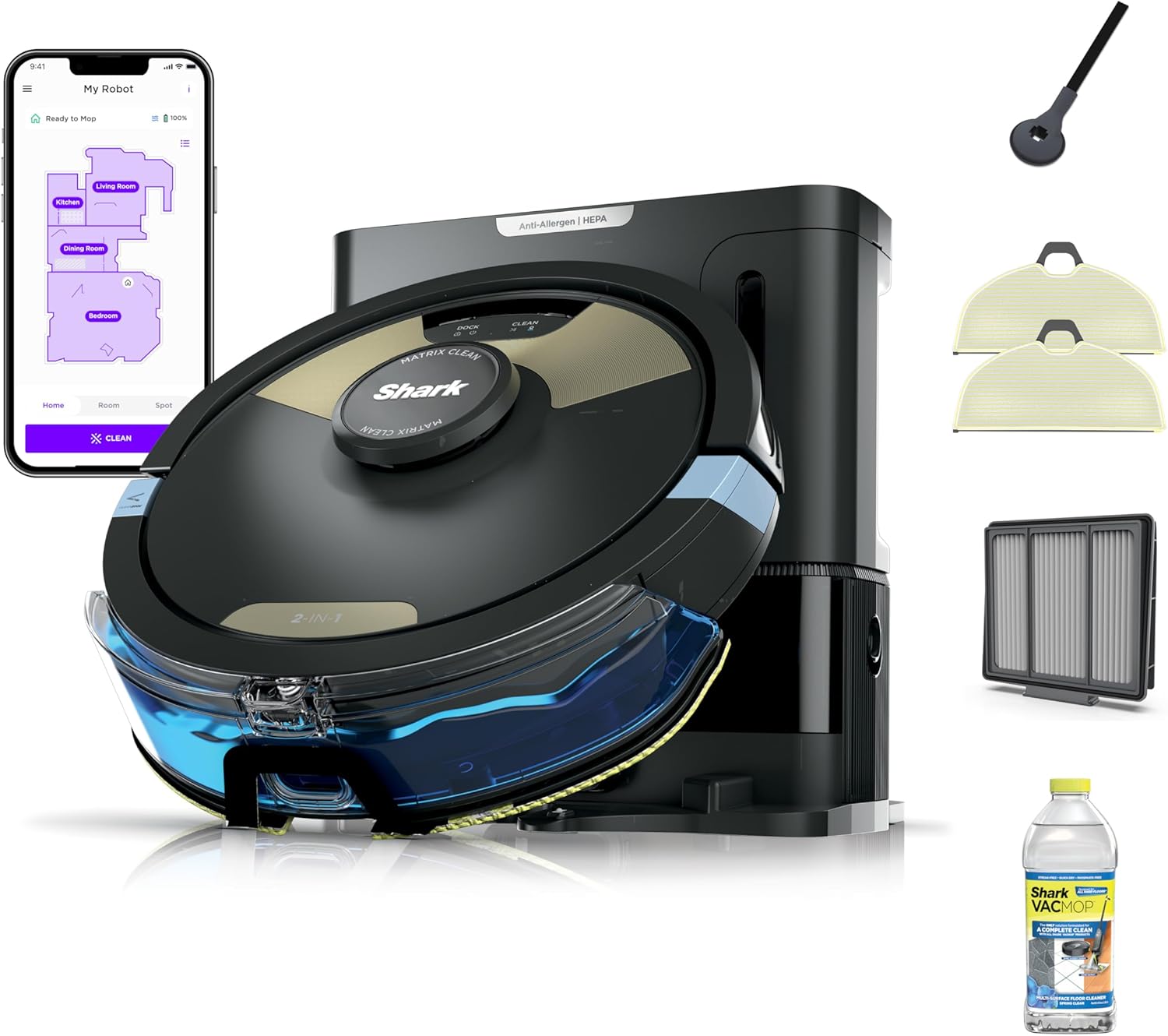 Shark Matrix Plus 2-in-1 robot vacuum and mop with HEPA self-empty base and self-cleaning anti-wrap brushroll for pet hair