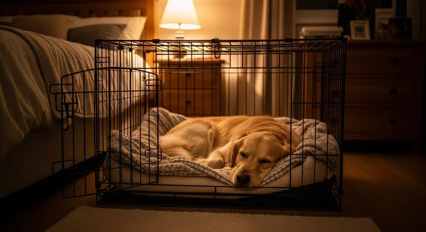 Golden retriever sleeping peacefully inside an open wire dog crate with soft blanket in a cozy bedroom at night