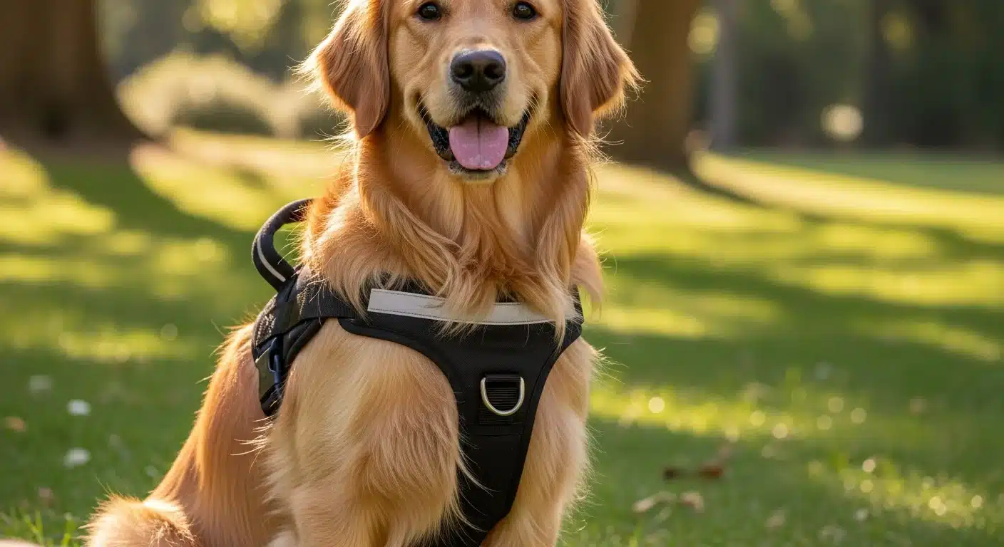 Large golden retriever wearing a padded dog harness outdoors in a sunny park