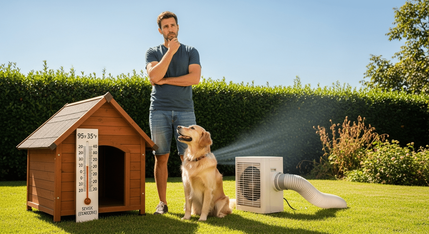 Should I put AC in a dog house decision — owner deciding beside a dog house with a thermometer and an AC unit in a hot backyard