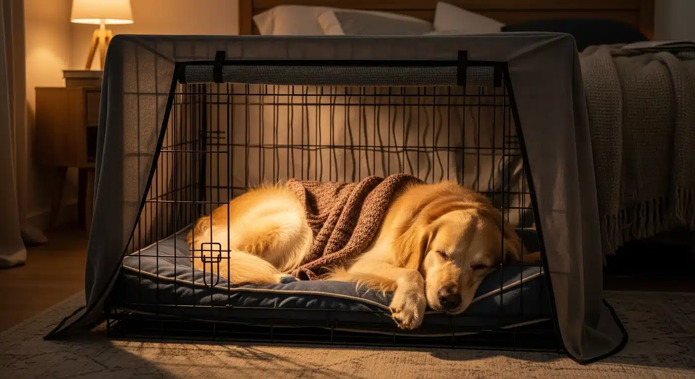 A large dog sleeping peacefully inside a wire crate partially covered with a breathable fabric cover in a cozy bedroom