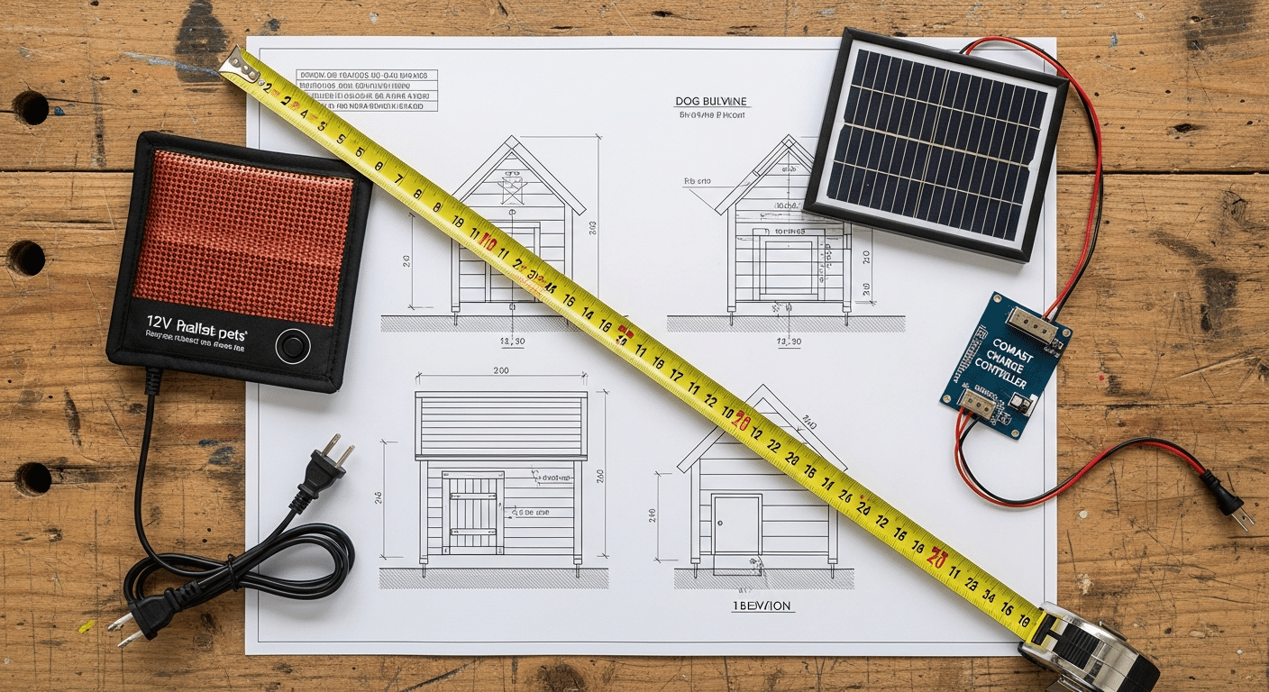Top-down flat-lay of a solar heated dog house blueprint with a tape measure, a small solar panel, a charge controller and a 12V heated pad on a workbench