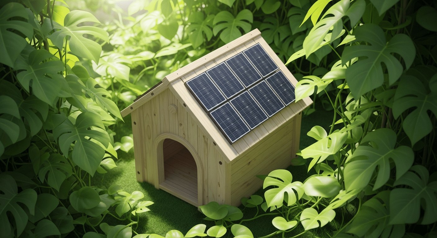How solar heated dog houses reduce carbon footprint — a wooden dog house with a roof solar panel surrounded by green leaves