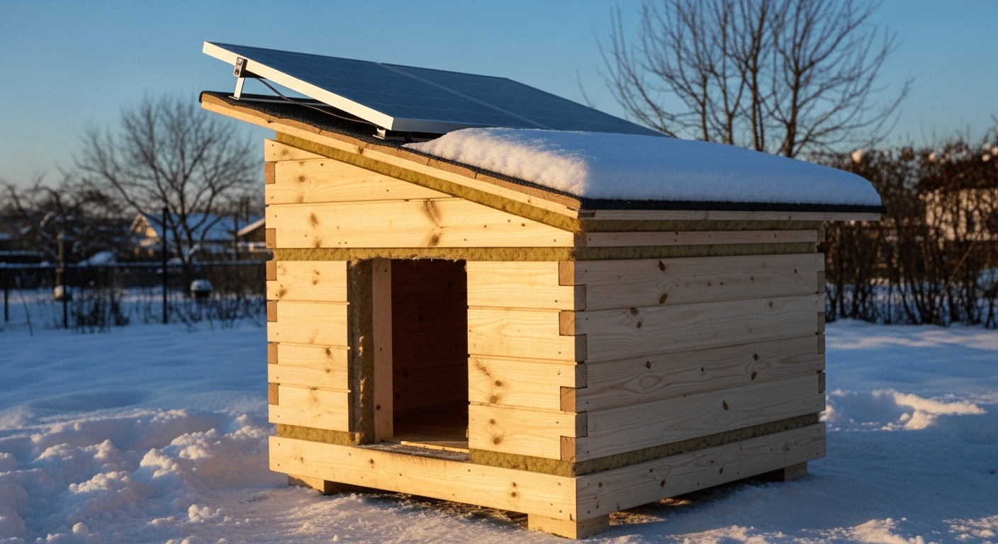 Solar heated dog houses for cold climates — an insulated wooden dog house with a roof solar panel angled for low winter sun in a snowy backyard