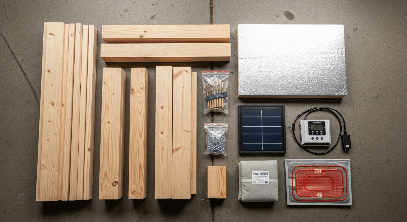 Solar heated dog house plans and materials list — lumber, insulation board, solar panel, charge controller and a heated pad laid out on a garage floor