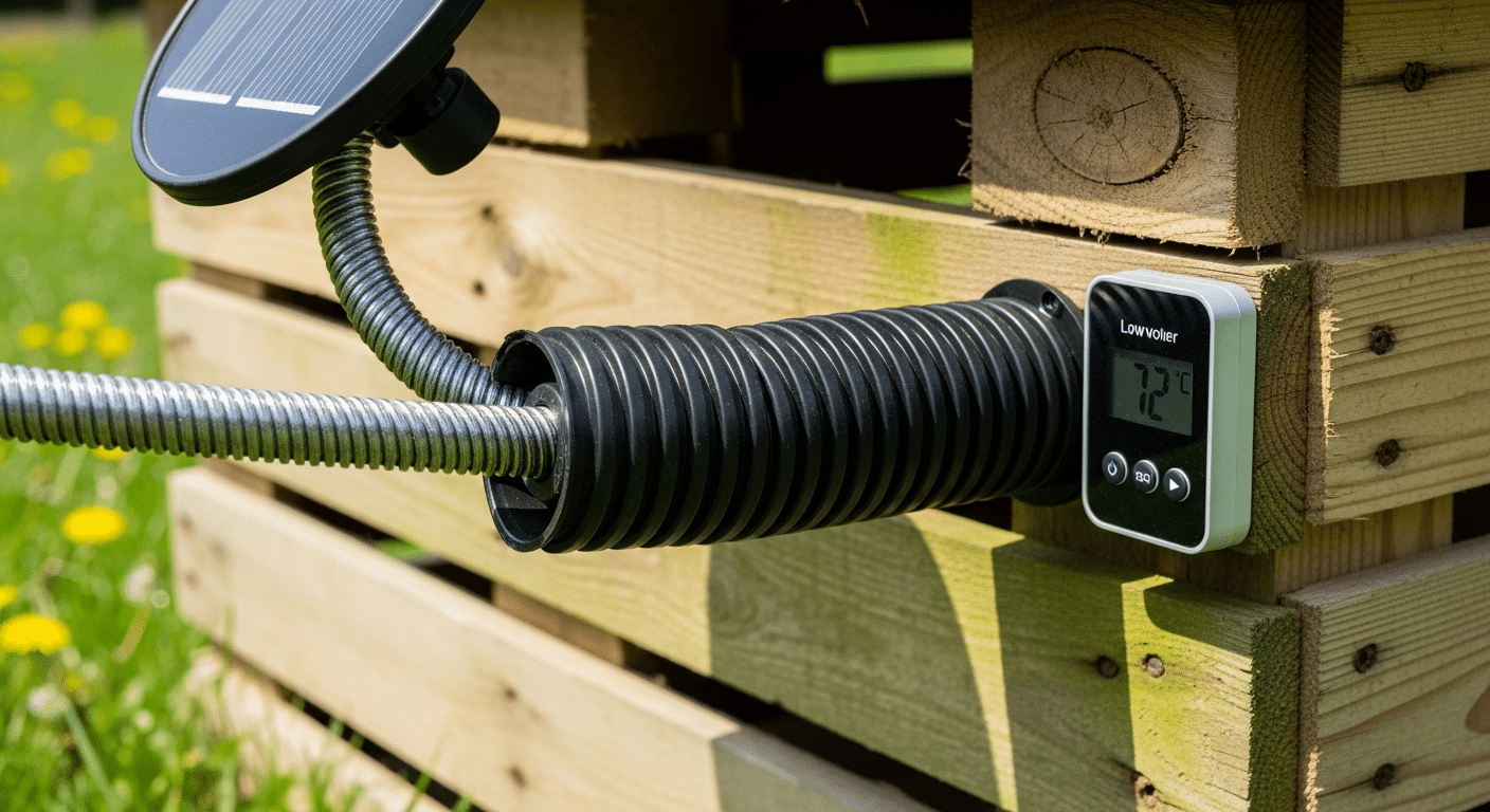 Pet safety features in a solar heated dog house — a steel-wrapped cord in protective conduit and a low-voltage thermostat controller mounted on a wooden dog house