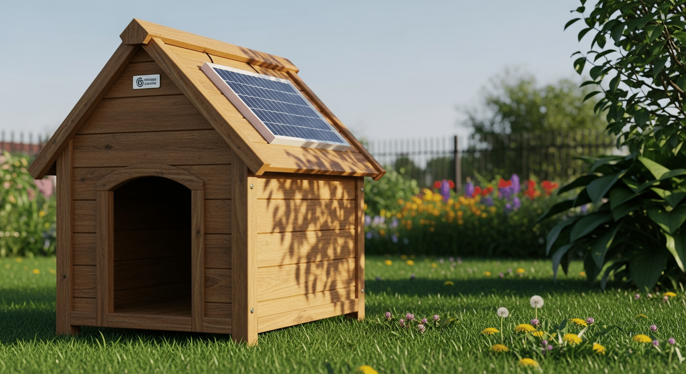 Solar heated dog house — wooden dog house with a solar panel on the roof in a sunny backyard