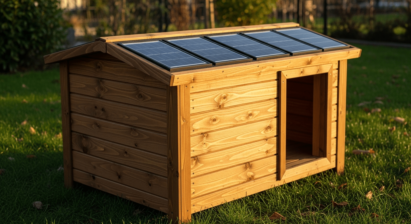 Complete guide to solar heated dog houses — an insulated wooden dog house with solar panels on the roof in a sunny backyard