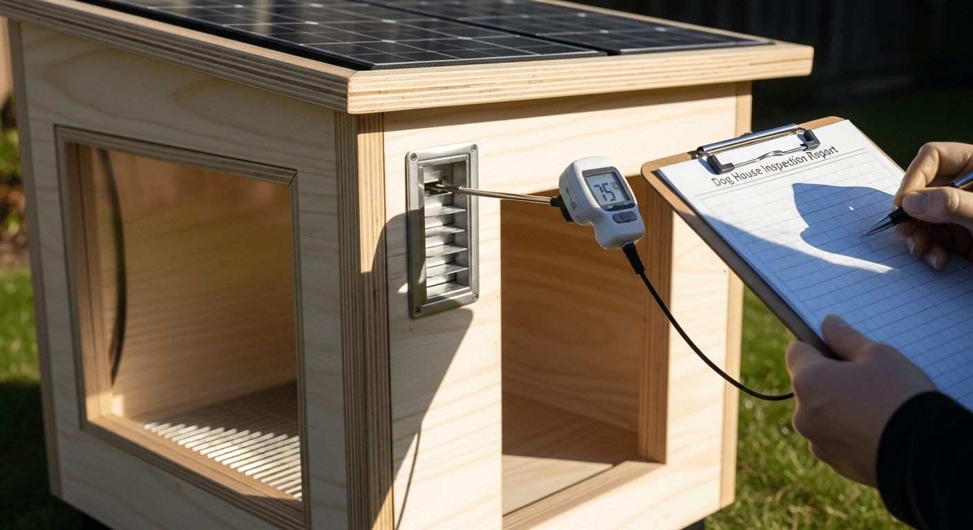 Solar heated dog house reviews — a wooden solar dog house being tested with a thermometer probe and a clipboard
