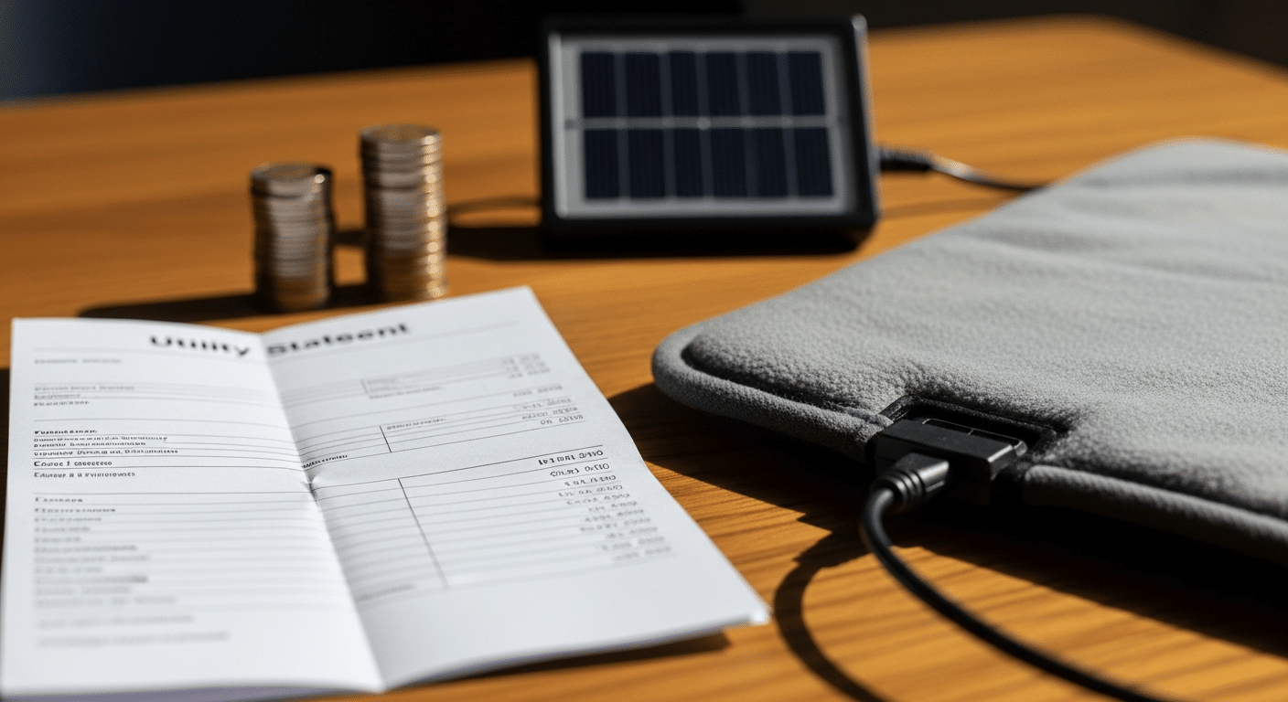 Solar vs electric heated dog house running cost comparison — utility bill, coins, a solar panel and a heated dog pad on a table