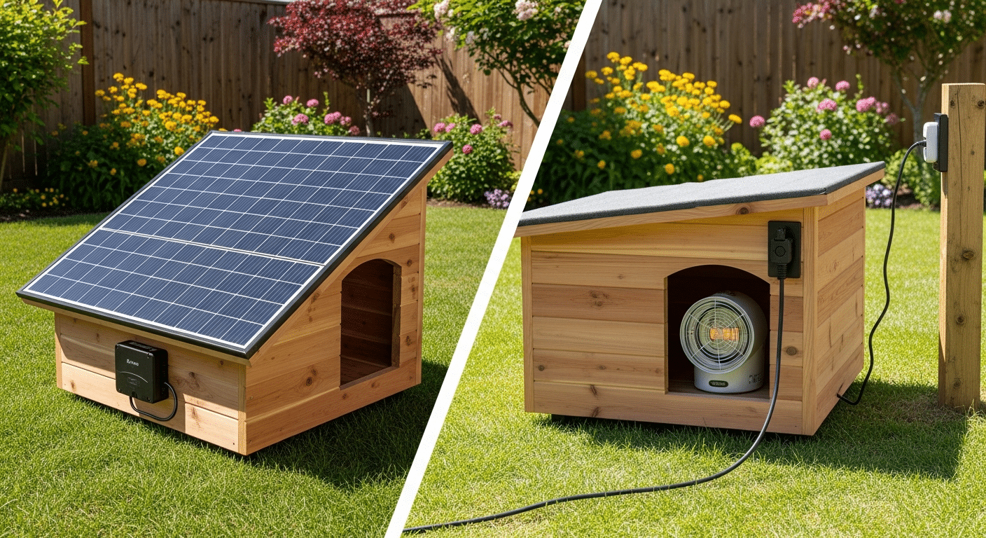 Solar vs electric heated dog house comparison — a solar-panel dog house beside an electric-heated dog house with a power cord in a backyard
