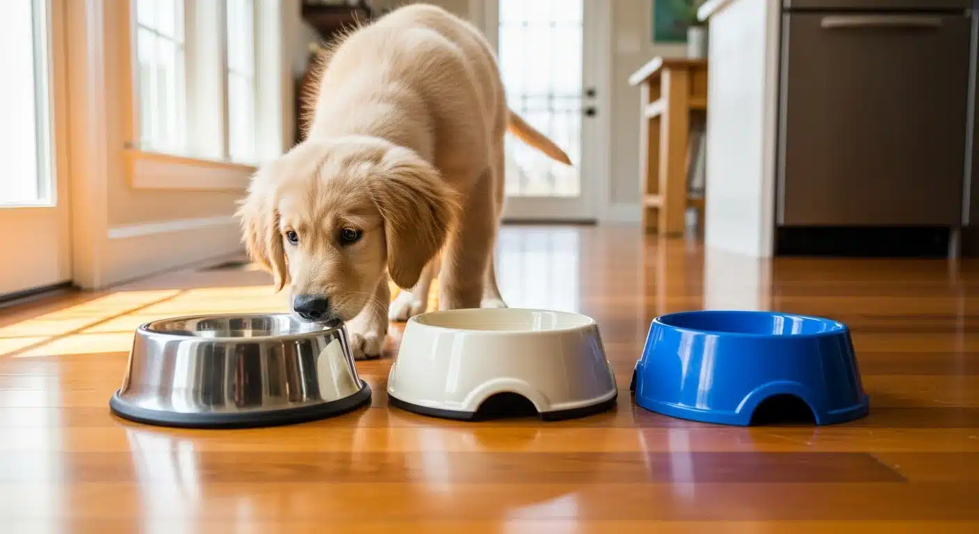 Three dog bowls side by side — stainless steel, ceramic, and plastic — on a wood kitchen floor with a golden retriever puppy