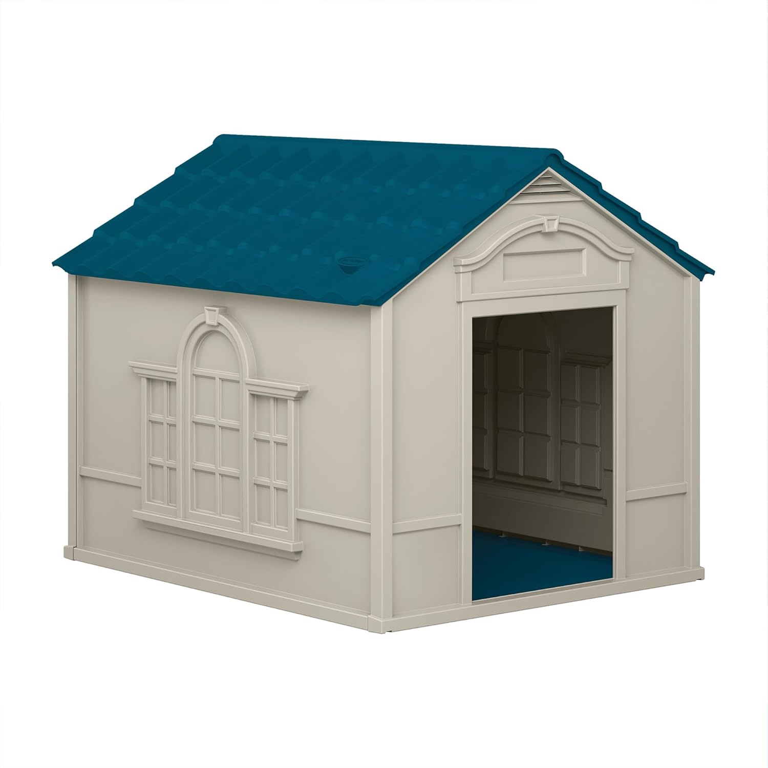 Suncast DH350 outdoor resin dog house with blue tile-look roof and arched doorway