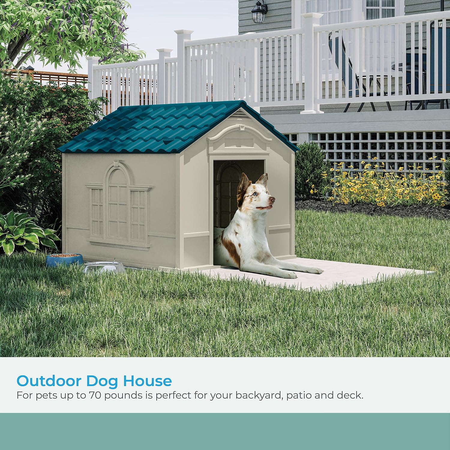 Dog resting beside the Suncast outdoor dog house, sized for pets up to 70 pounds