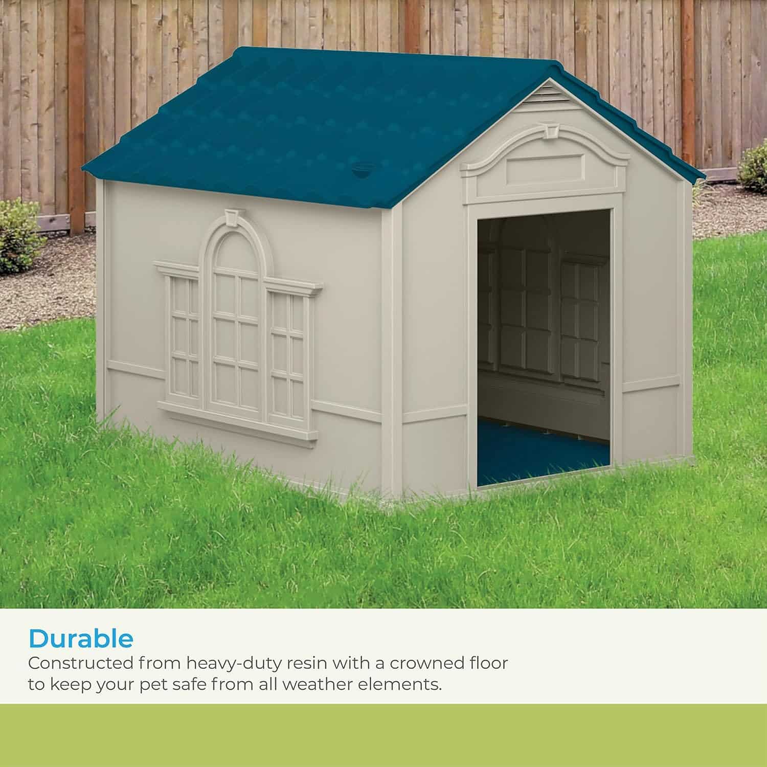 Suncast resin dog house in a backyard showing weatherproof crowned floor