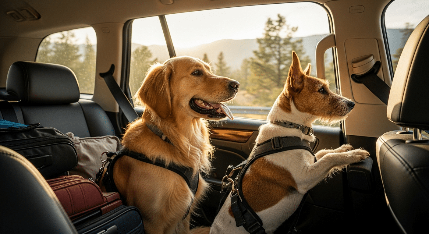 A golden retriever and a small terrier secured with seatbelt harnesses in the back seat of an SUV on a road trip