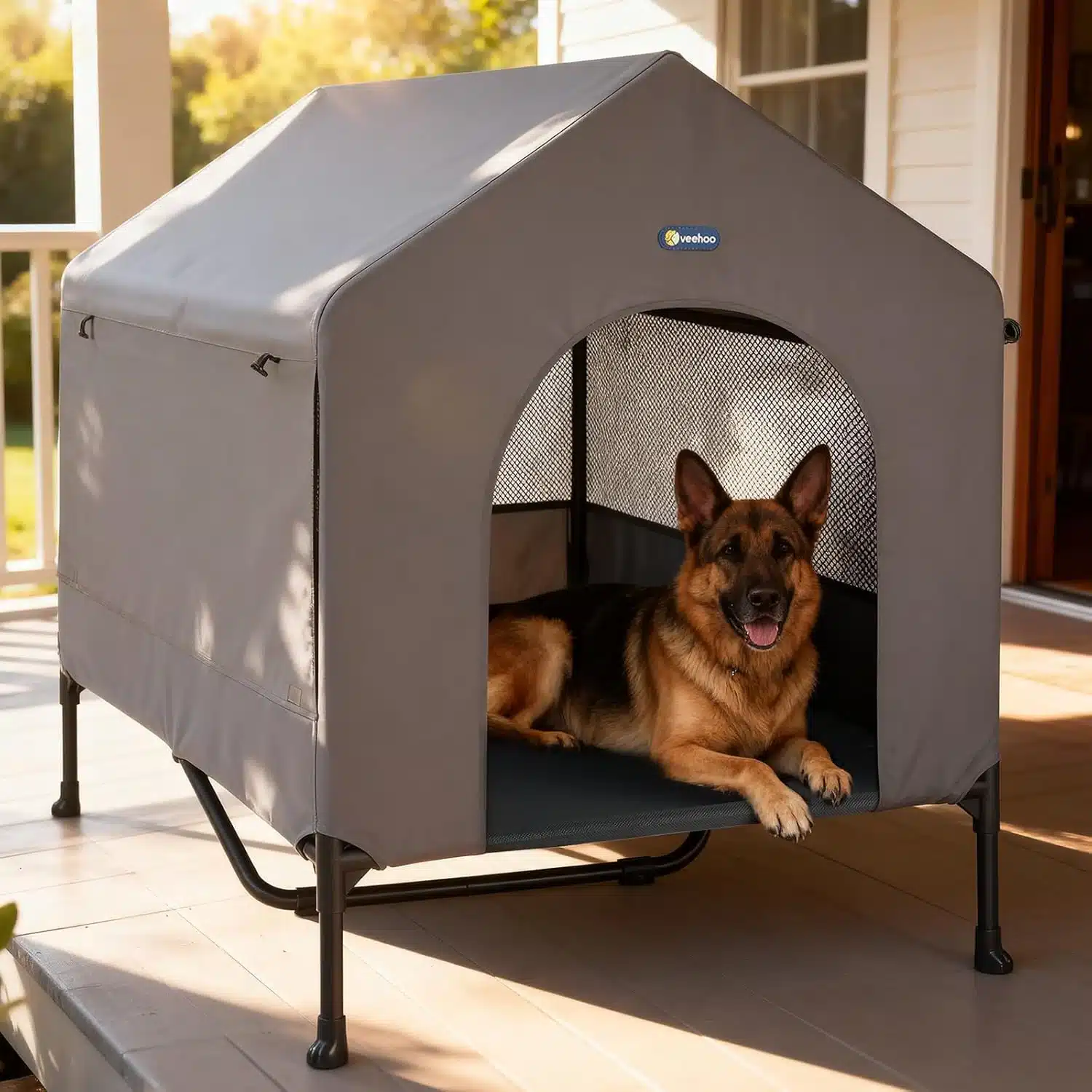 Veehoo elevated three-sided breathable dog house with weatherproof canopy