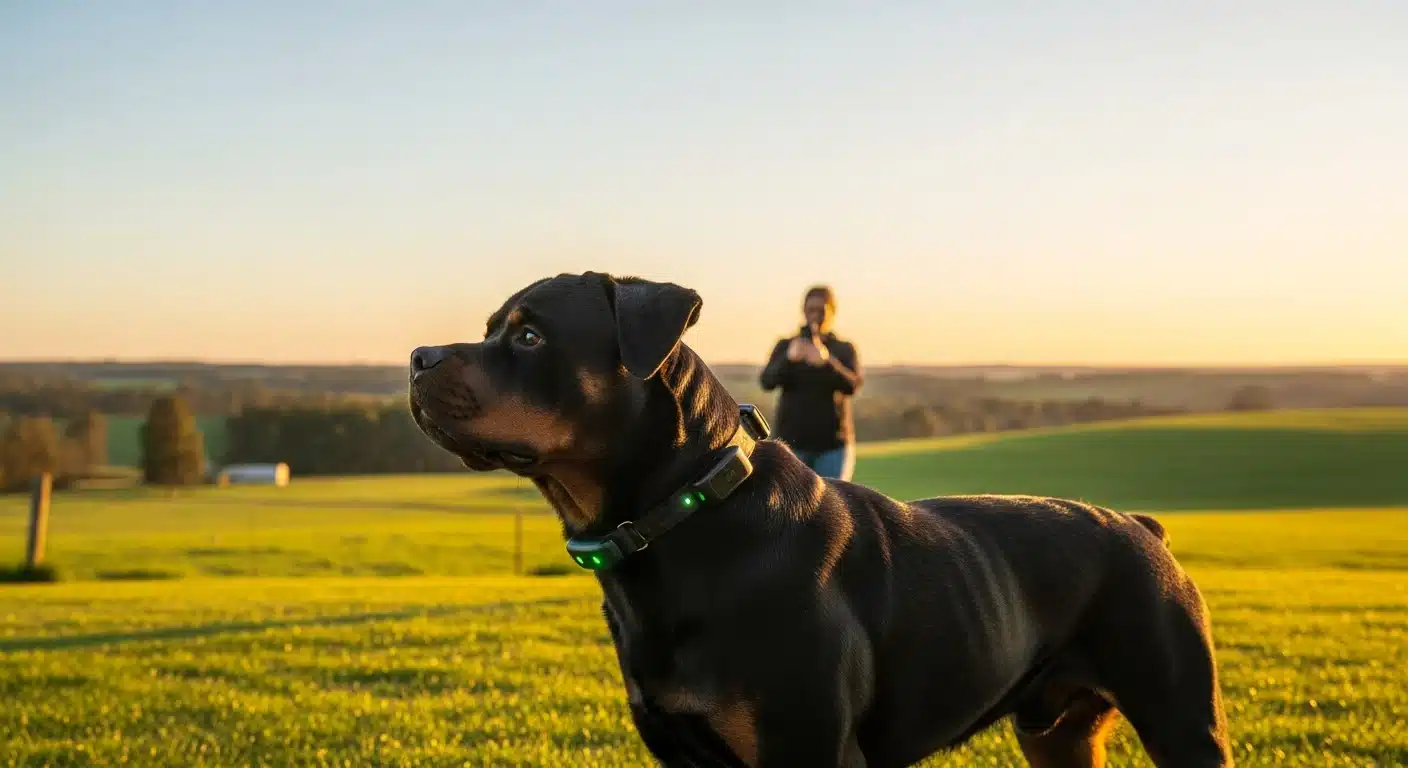 A large dog standing alert at the edge of an open rural property at golden hour wearing a GPS tracking collar while an owner checks a phone map