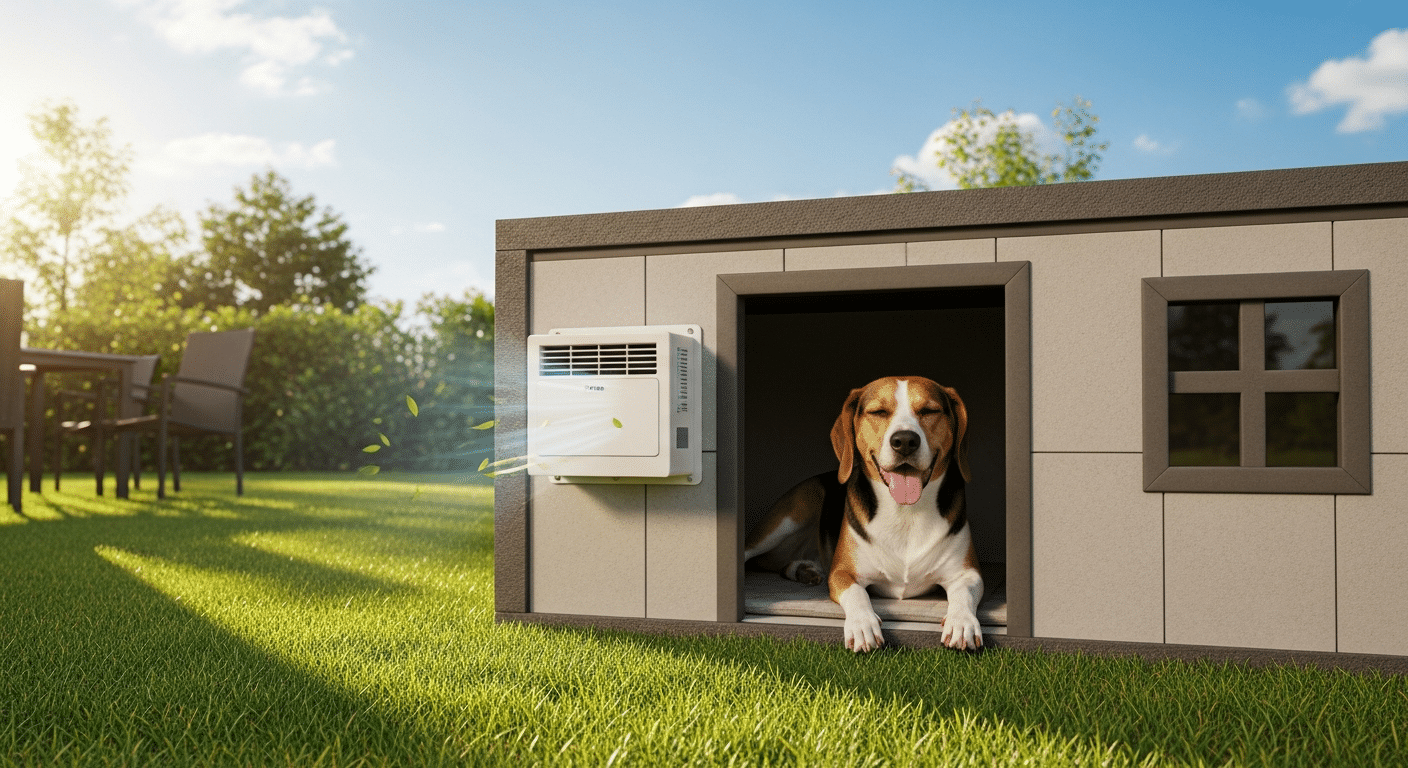 What is an air conditioned dog house — an insulated dog house with a small air conditioning unit and a cool, comfortable dog inside on a hot day