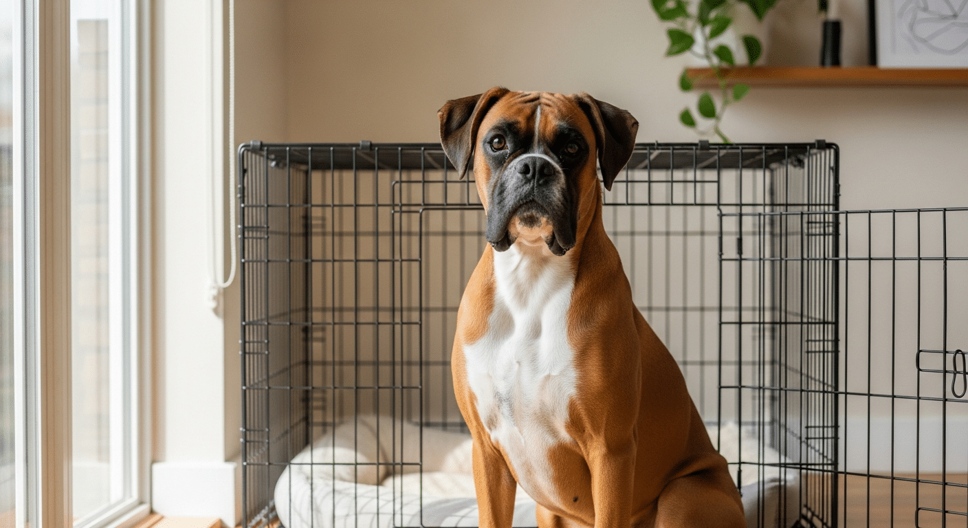 A fawn Boxer dog resting calmly beside a large wire crate sized correctly for the breed