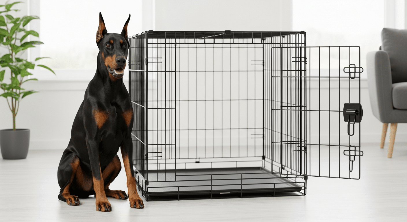 A black-and-tan Doberman Pinscher sitting calmly beside a large open wire crate sized correctly for the breed
