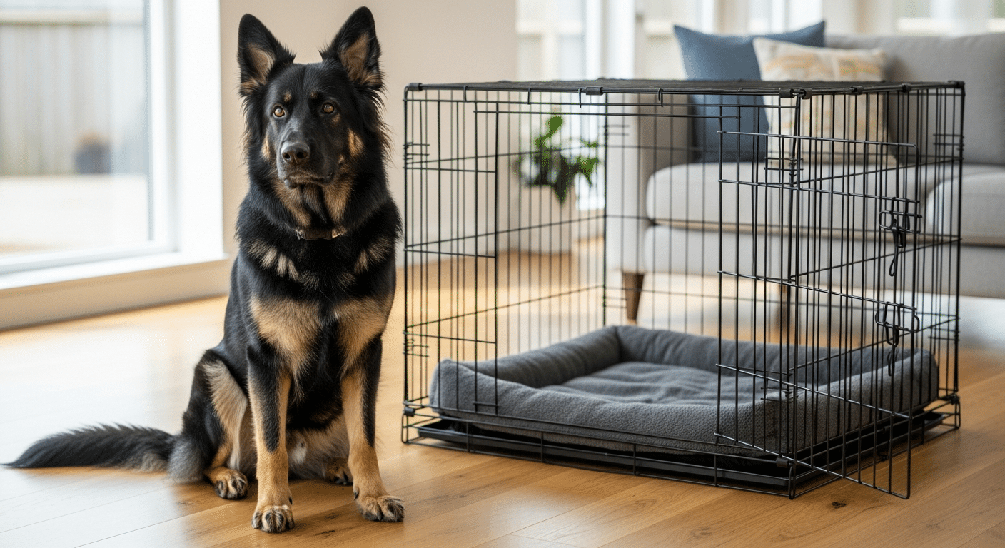A black-and-tan German Shepherd sitting calmly beside a large wire crate sized correctly for the breed