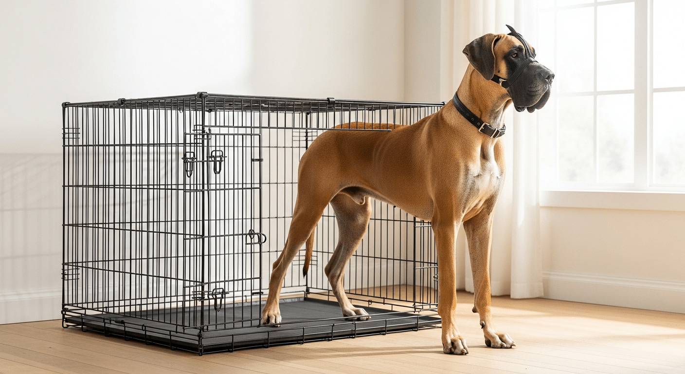 A tall fawn Great Dane standing calmly beside an oversized 54-inch wire dog crate sized correctly for a giant breed