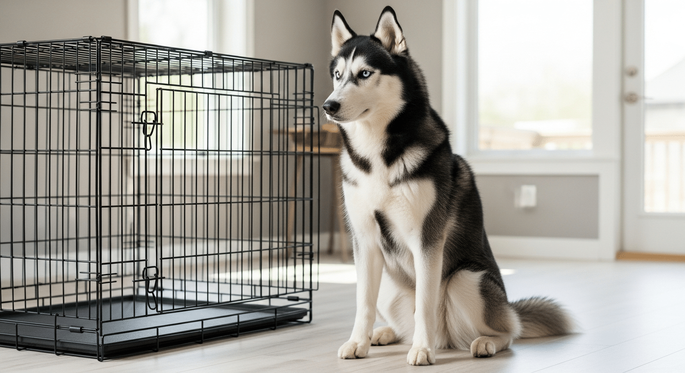 A black-and-white Siberian Husky sitting calmly beside a large wire dog crate sized correctly for the breed