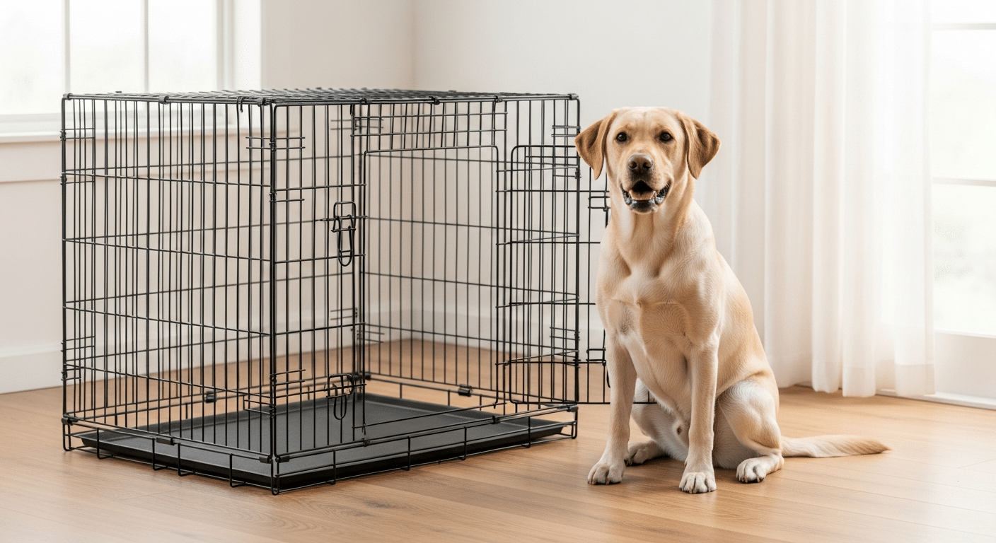 A yellow Labrador Retriever sitting calmly beside a large wire dog crate sized correctly for the breed