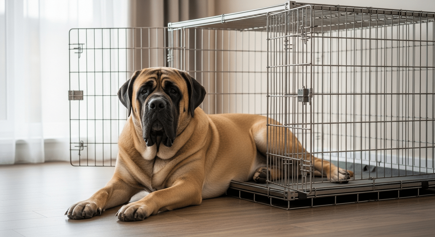 A massive fawn English Mastiff lying calmly beside a large open wire dog crate sized for a giant breed