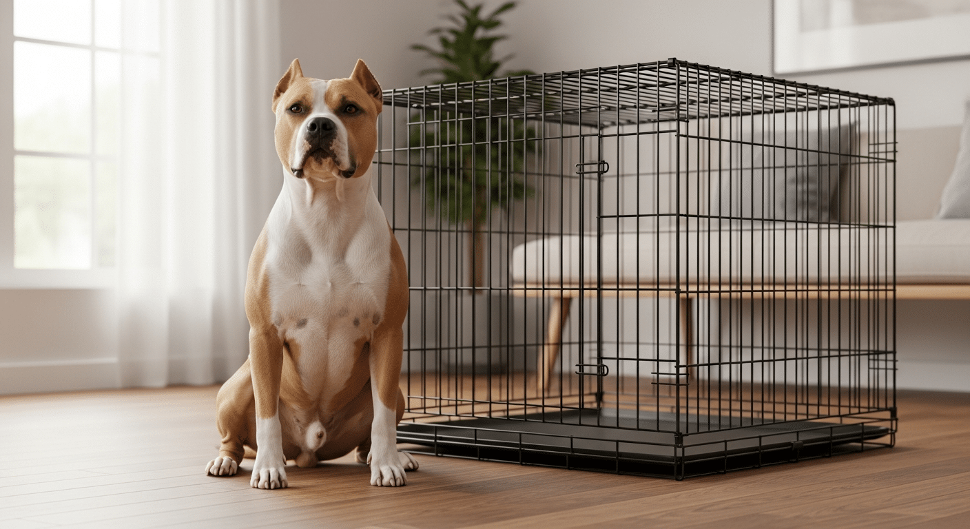 A muscular tan-and-white Pit Bull sitting calmly beside a large wire crate sized correctly for the breed