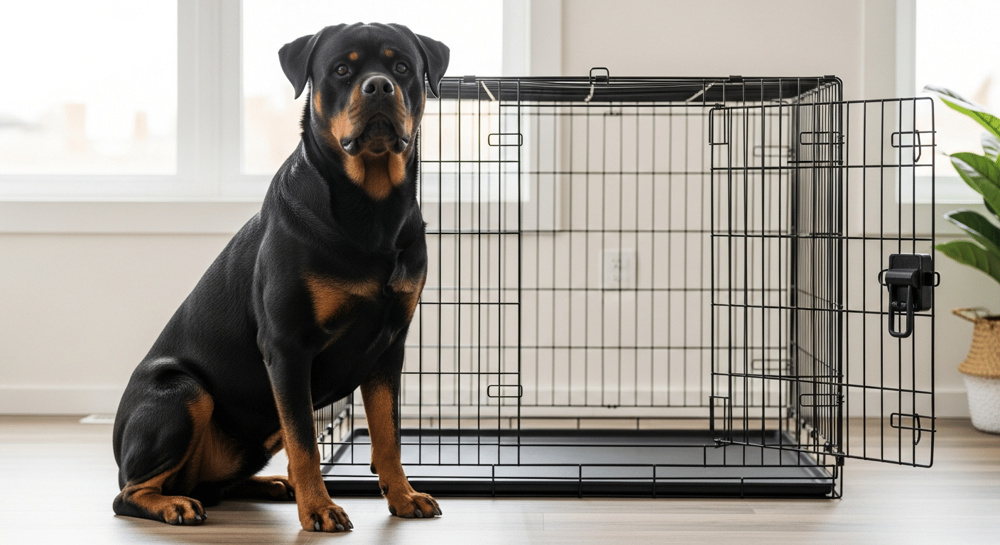 A black-and-tan Rottweiler sitting calmly beside a large open wire crate sized correctly for the powerful broad breed